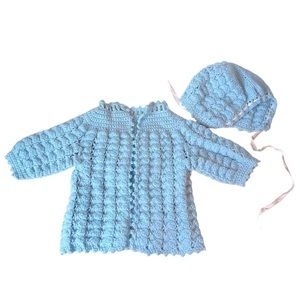 Baby Handknitted cardigan and bonnet set color baby blue